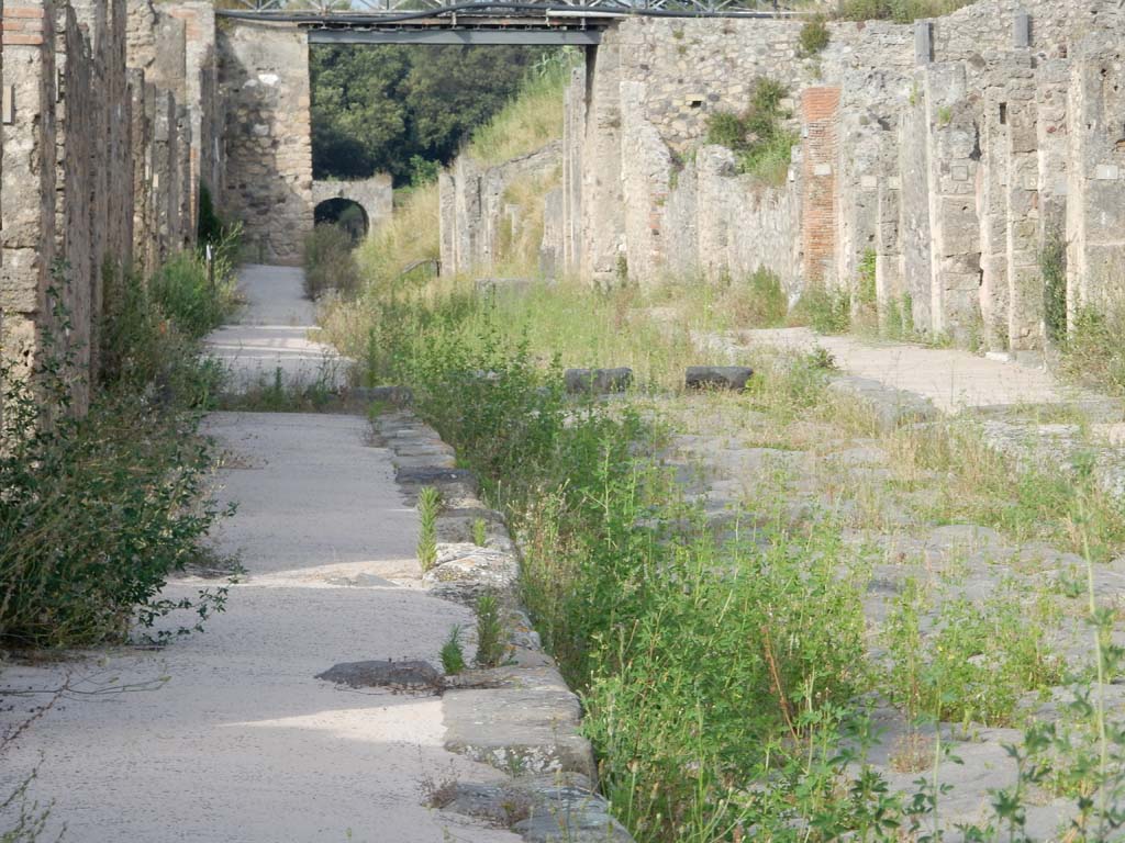 Via di Nola, Pompeii. June 2019. Looking east towards bridge separating V.5, on left, and IX.10/14, on right.
Photo courtesy of Buzz Ferebee.