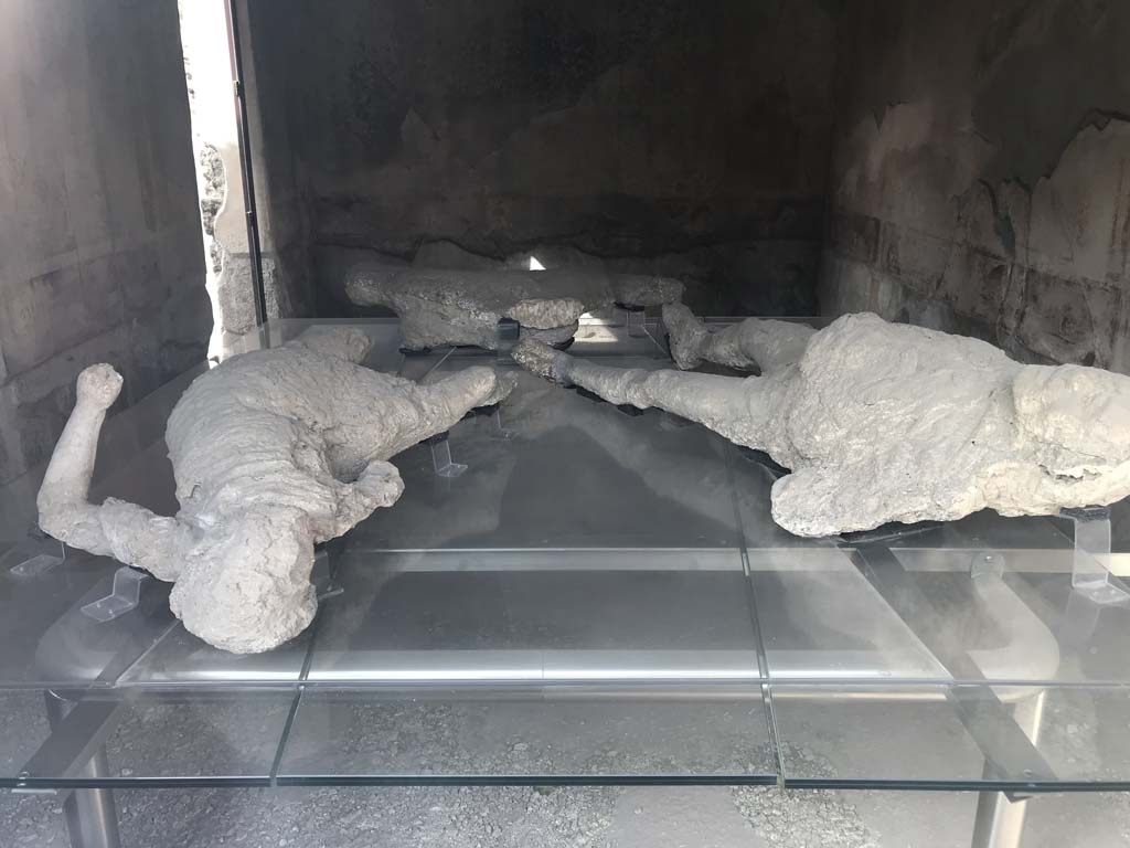 Vicolo degli Scheletri, Pompeii. April 2019.
Three of the four plaster-casts of a family group found in the Vicolo degli Scheletri in February 1863.
Photo courtesy of Rick Bauer.