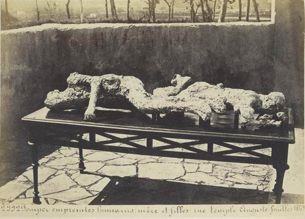 Vicolo degli Scheletri. Undated photograph by Amodio, numbered 2992 from an album dated c.1873. Plaster cast of two human fugitives, numbers 2 and 3, found between Reg VII.11 and VII.14, on 3rd-5th February 1863. Photo courtesy of Rick Bauer.