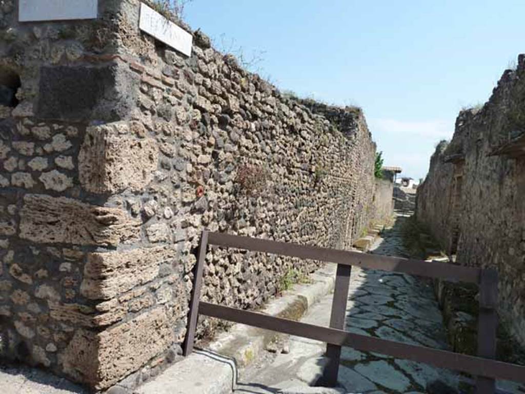 Vicolo degli Scheletri, north side, May 2010. Looking east between VII.11 and VII.14 from junction with Vicolo della Maschera.