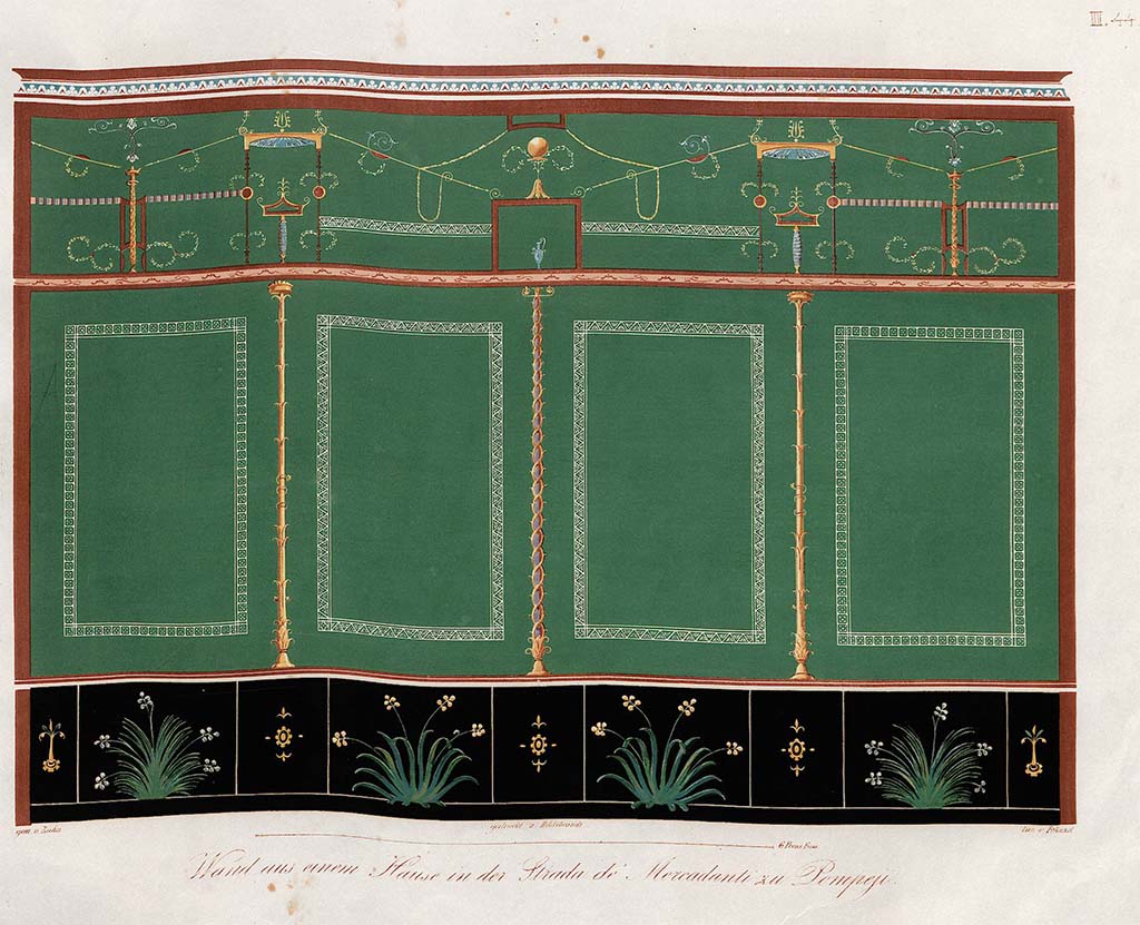 Painted wall of a mystery house – too pretty and unusual not to be included somewhere.
(If anyone can help place this wall into a house, please get in touch).
Painting by Zahn, pre- 1842, of a wall in a house situated somewhere along VIII.5 or could even be in VII.13 on the opposite side of the roadway.
According to Zahn, this wall was to be found in a house in the Strada de’ Mercadanti between the Vicolo dei Dodici (12) Dei and VIII.5.28.
(His wording –
No.44. Paroi d’une maison de la Strada de’ Mercadanti a Pompei, de couleur originale.
Cette paroi se trouve entre le Vico de’ dodici Dei et la Casa dell’Imperatore Francesco secondo.)
See Zahn, W., 1842-44. Die schönsten Ornamente und merkwürdigsten Gemälde aus Pompeji, Herkulanum und Stabiae: II. Berlin: Reimer, taf. 44.