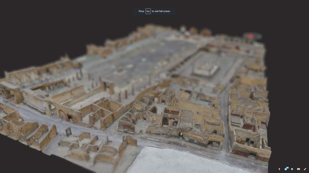 Vicolo dei Soprastanti, Pompeii. March 2019. Detail from model in Naples Archaeological Museum.
Looking south, starting from left – Arch in NE corner of Forum, arched entrance to Forum at VII.7.26, VII.7.25 and 24, small roadway leading to VII.7.23, VII.7.22 towards VII.7.18 on corner of Vicolo del Gallo, and VII.15.12, on right.
Foto Taylor Lauritsen, ERC Grant 681269 DÉCOR