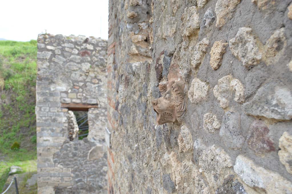 Vicolo del Centenario, Pompeii. March 2018. Looking south along upper level with detail of terracotta lion.
Foto Taylor Lauritsen, ERC Grant 681269 DÉCOR.

