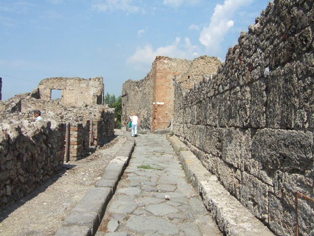 Vicolo del Gigante between VII.16 and VII.7. September 2005. Looking north towards junction with Vicolo del Gallo.
On the left are the remains of the front façade and doorways of VII.16.8 and 9.
On the right is the west wall of VII.7.10, after the 1943 destruction.