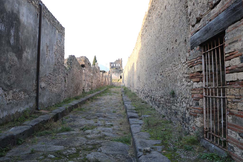 Vicolo del Labirinto, between VI.11 and VI.15. December 2018.
Looking north, on the left, entrance doorways between VI.11.11 towards VI.11.20. On the right, entrance doorway of VI.15.26.
Photo courtesy of Aude Durand.