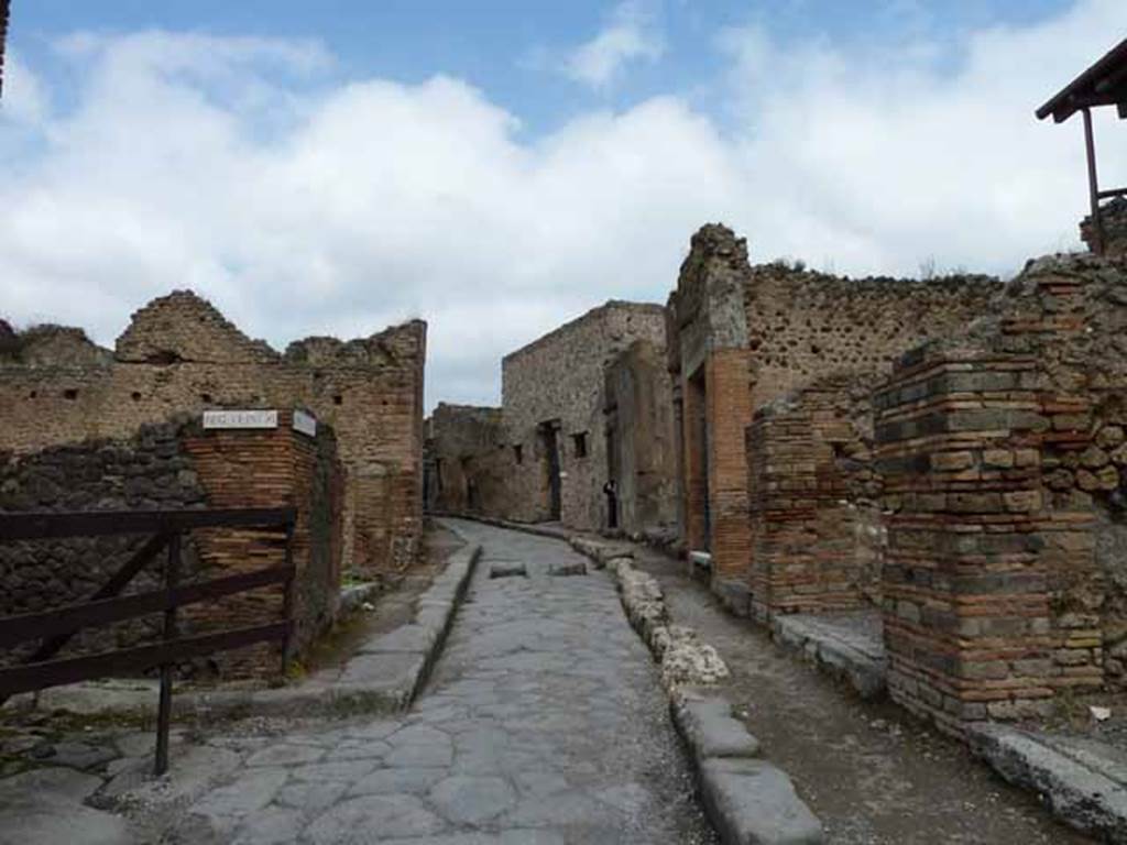 Vicolo del Lupanare, May 2010. Looking north from the junction with Vicolo degli Scheletri, between VII.13 and VII.1.