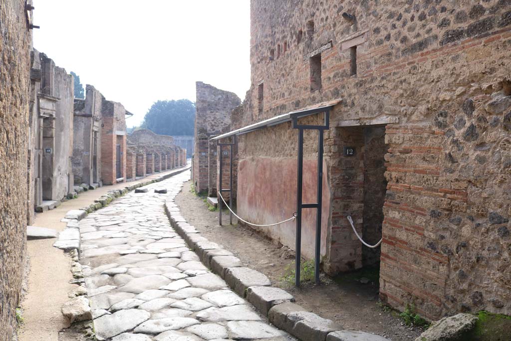 Vicolo del Lupanare, Pompeii. December 2018.
Looking south between VII.1, on left, and VII.11.12, on right. Photo courtesy of Aude Durand.