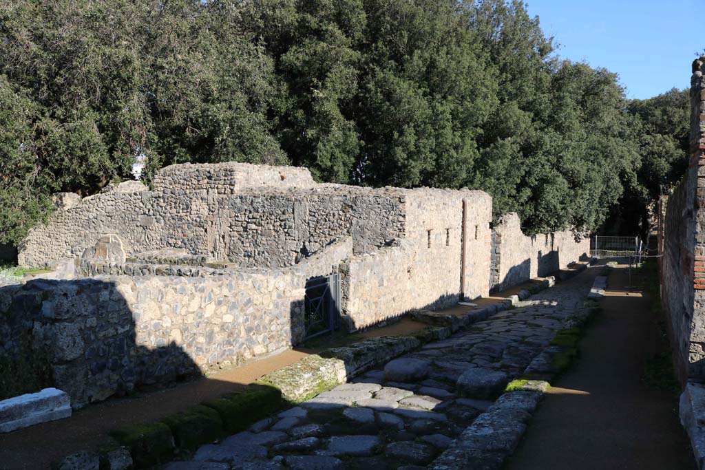 Vicolo della Regina, north side, Pompeii. December 2018.
Looking east between VIII.6.4, on left, and VIII.2, on right. Photo courtesy of Aude Durand.
