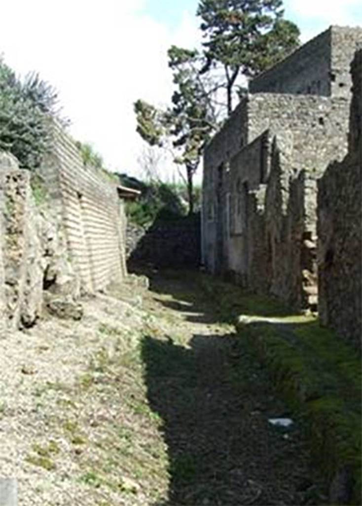 Vicolo delle Nozze d’Argento. March 2009. Looking east to blocked end of vicolo and V.2.i.
In 2018 the blocked end of the vicolo was excavated and joined with the newly excavated Vicolo c.d. Balconi.