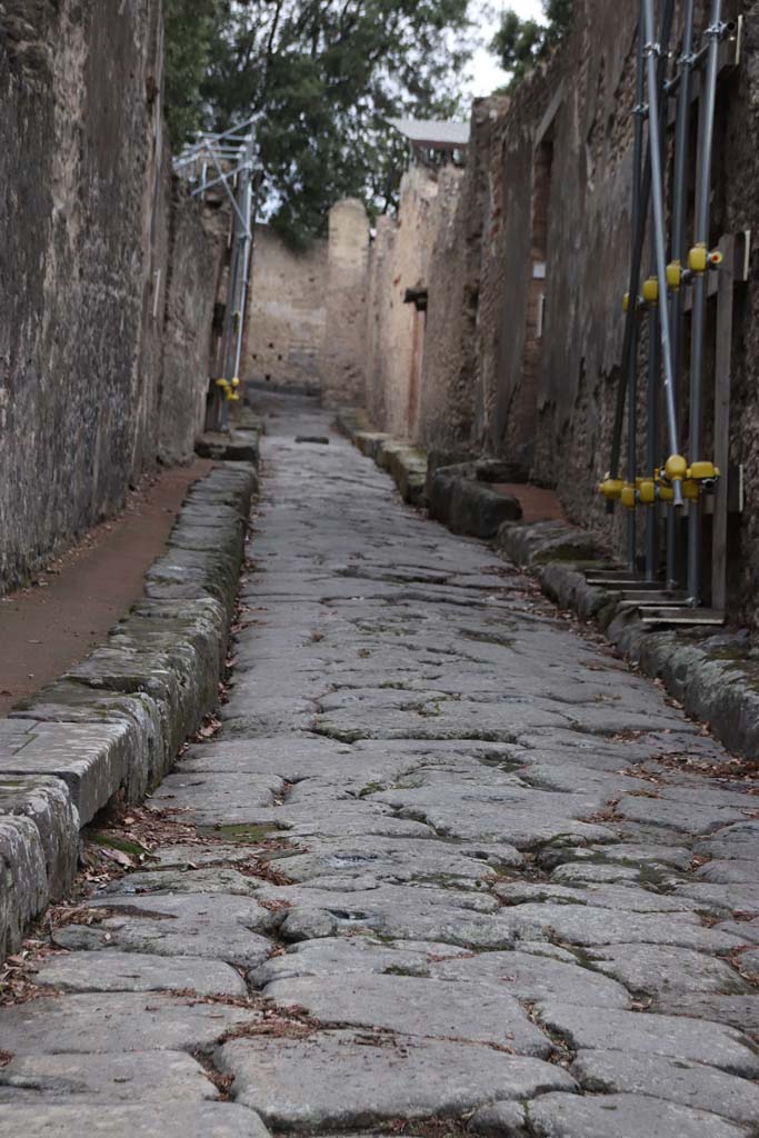 VIII.6. Pompeii, on left. October 2020. Vicolo delle Pareti Rosse looking west. VIII.5. on right.
Photo courtesy of Klaus Heese.