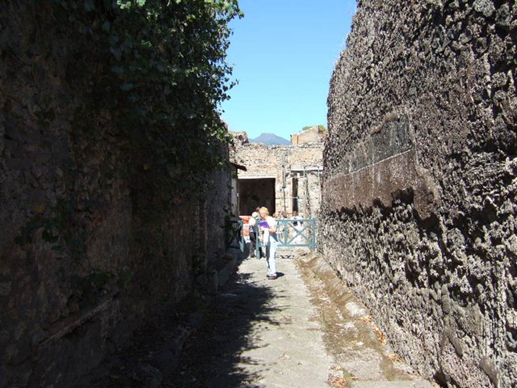 Vicolo dei Dodici Dei between VIII.3 and VIII.5. Looking north from junction with Vicolo delle Pareti Rosse. September 2005.