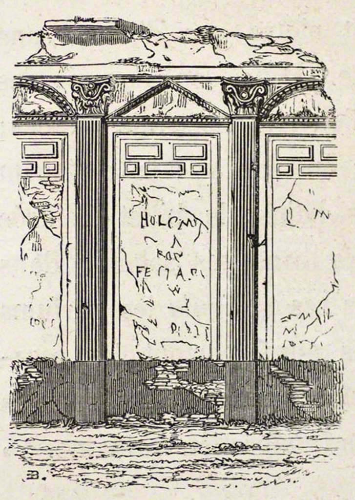 Vicolo di Eumachia, Pompeii. Pre-1855.
Drawing by Breton showing detail of a wall of Eumachia’s building.
Foto Taylor Lauritsen, ERC Grant 681269 DÉCOR.
See Breton, Ernest. 1855. Pompeia, decrite et dessine : Seconde édition. Paris, Baudry, p. 25.