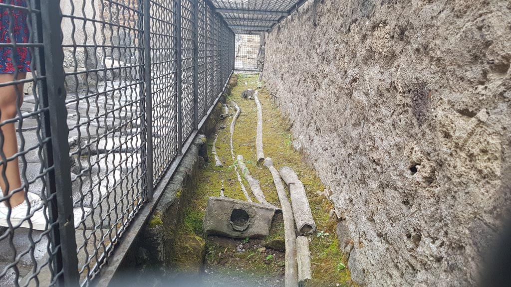 Vicolo di Mercurio. August 2023.
Looking east along line of ancient water pipes on the edge of the road at the north end of VI.13. Photo courtesy of Maribel Velasco