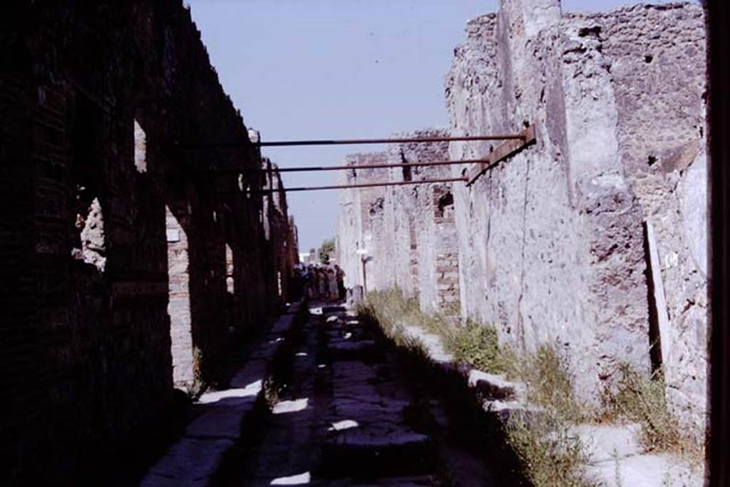 Vicolo di Mercurio, Pompeii. 1968. Looking west between VI.14 and VI.16 from near VI.16.3, on right. Photo by Stanley A. Jashemski.
Source: The Wilhelmina and Stanley A. Jashemski archive in the University of Maryland Library, Special Collections (See collection page) and made available under the Creative Commons Attribution-Non Commercial License v.4. See Licence and use details.
J68f0677