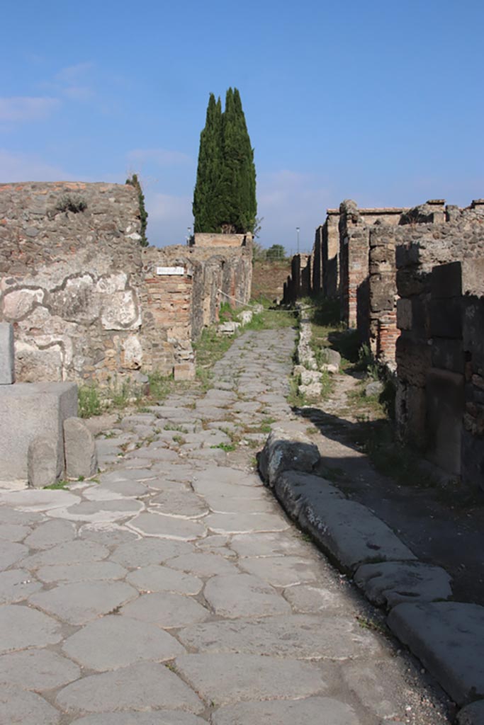 Vicolo di Narciso, Pompeii. October 2023. 
Looking north from Via Consolare. Photo courtesy of Klaus Heese.
