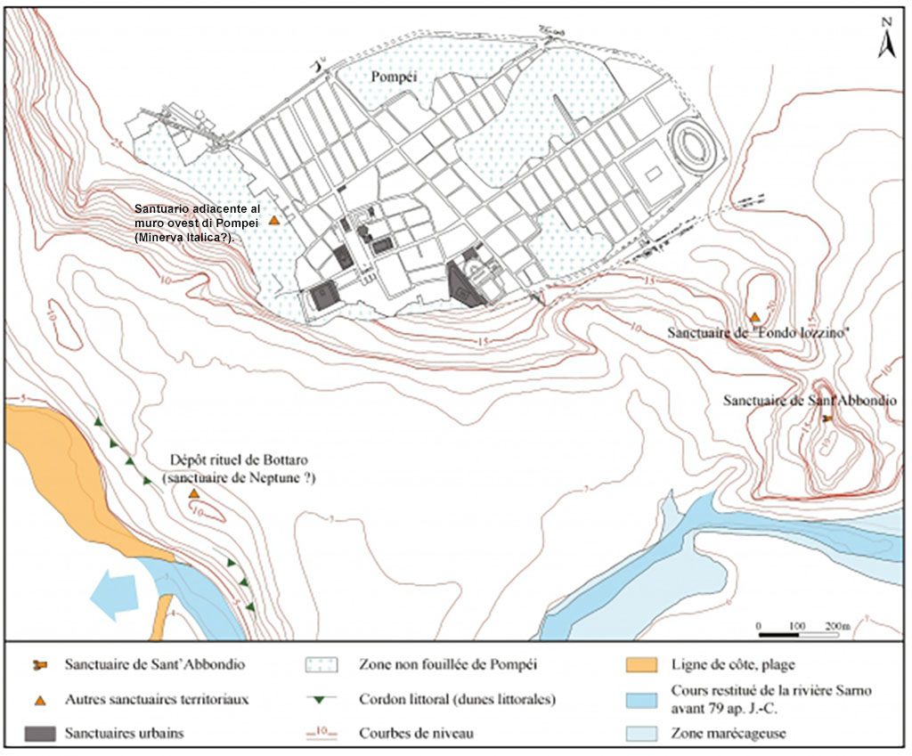 Località Case Bottaro, Tempio di Nettuno. Temples Plan after Guzzo 2005, p. 12-13, amended to include the Sanctuary adjacent to the west wall of Pompeii.
According to Guzzo, it is possible that Pompeii had gradually downgraded the archaic Stabian settlement’s role as a port.
Pompeii’s predominance was facilitated by the control it could exercise on the mouth of the Sarno, located just south of the fortified hill of the city.
On the right bank of the mouth of the Sarno is attested, at least from the fifth century BC, the Sanctuary of Poseidon at Bottaro.
The approximate chronological coincidence between the end of the Stabian necropolis and the establishment of the cult at Bottaro seems significant.
See Guzzo P., in Dobbins, J. J. and Foss, P. W., 2008. The World of Pompeii. Oxford: Routledge, p. 3.