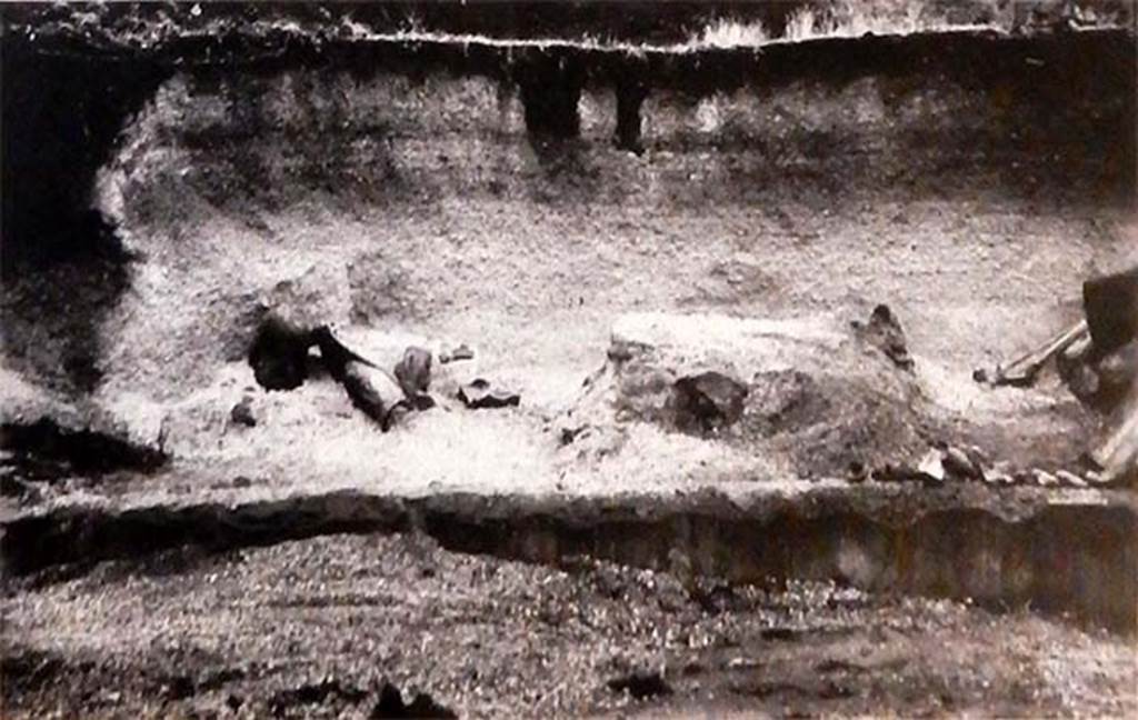 Santuario extraurbano del Fondo Iozzino. May 2018. Excavation photo from 1960 showing depth of lapilli at temple,.
Detail from photo courtesy of Buzz Ferebee.
