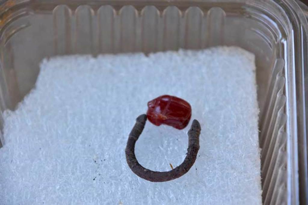 Santuario extraurbano del Fondo Iozzino. 2014 excavations. Silver? Ring with red stone.
Argento? Anello con pietra rossa.
Photograph © Parco Archeologico di Pompei.