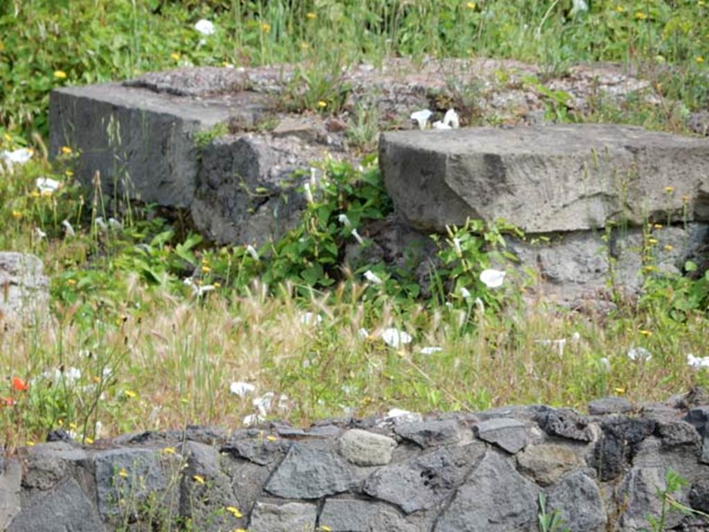Santuario extraurbano del Fondo Iozzino. May 2018. Detail of western temple podium
Photo courtesy of Buzz Ferebee.