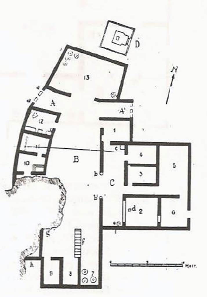 Monumento Funerario del Fondo Prisco. Plan of villa and tomb.
The Villa rustica was found on the fondo of Antonio Prisco, at the Civita-Giuliana, Boscoreale (today Pompeii).
It was excavated by cav. Carlo Rossi-Filangieri from February to July 1903.
The building followed an already existing public roadway on the western front side.
On the roadway was an adjoining burial monument “D”.
The front façade was decorated with two portrait busts and a marble slab, on which however the funeral title had not yet been incised.
See Della Corte M., Notizie degli Scavi di Antichità, 1921, p. 416.