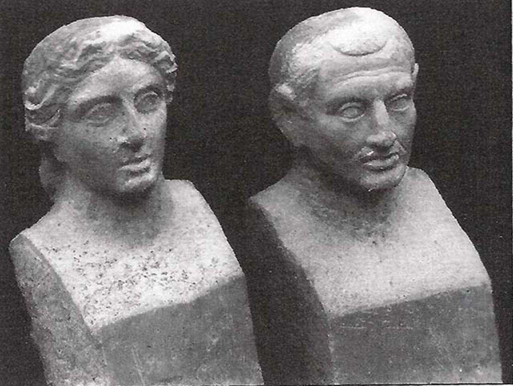Monumento Funerario del Fondo Prisco. Two travertine portraits busts found in a semi-circular niche below the marble plaque on the west side of the tomb.
See Notizie degli Scavi di Antichità, 1921, p. 422, fig. 4.