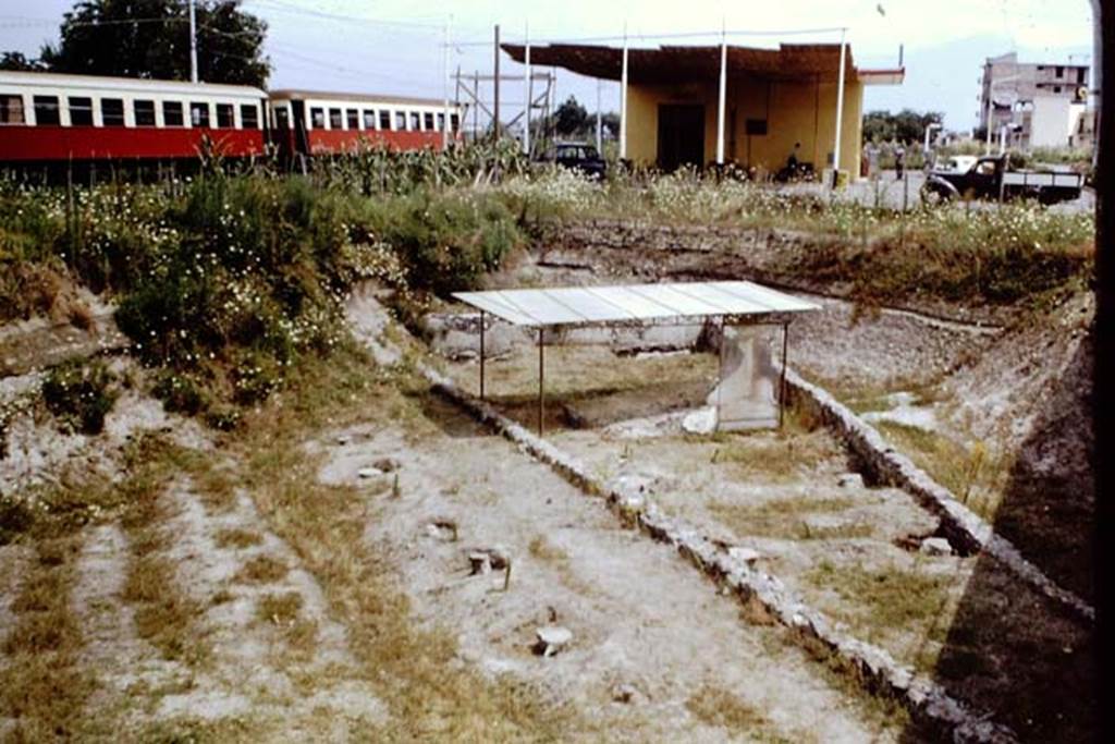 Scafati, 1968. Looking north across towards railway and level crossing. Photo by Stanley A. Jashemski.
Source: The Wilhelmina and Stanley A. Jashemski archive in the University of Maryland Library, Special Collections (See collection page) and made available under the Creative Commons Attribution-Non Commercial License v.4. See Licence and use details.
J68f1214
Jashemski described this as an “Ancient tomb discovered at Scafati, the tomb was found in a triangular area enclosed by a low tufa wall. The back wall, which was the shortest, was eight metres long and approximately 95cm in height on average. The two longer walls could not be measured because they continued under the modern roadway.
Within the tomb enclosure the cavities of six tree roots were found.
These cavities were emptied and casts made, two were in the corners at the rear, and four were planted in front of the tomb.
On the opposite side of the roadway, which was two metres in width, six root cavities were found.
Beyond this was a planted area with ancient furrows clearly still visible.”
According to Jashemski, “No doubt the entire network of roads connecting the towns that were covered during the eruption of Vesuvius were lined with tombs, which still lie buried under the Campanian countryside. This tomb was situated, as was customary in antiquity along a road, probably a small one that branched off from the main road between Pompeii and Nuceria. The wall of the tomb enclosure along the road was very low; the excavated section measures 20.5 metres.”
See Jashemski, W. F., 1979. The Gardens of Pompeii. New York: Caratzas. (p.148)