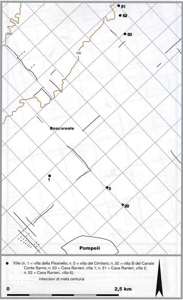 Tomba e villa in località Cimitero di Pompei. Numero 5 del piano di localizzazione 2002 di Gian Luca Soricelli.
Number 5 on 2002 location plan by Gian Luca Soricelli.
See Soricelli G. L., 2002. Divisioni agrarie romane e occupazione del territorio nella piana Nocerina-Sarnese in AGER CAMPANUS, Tav. VIII, p. 123-9.