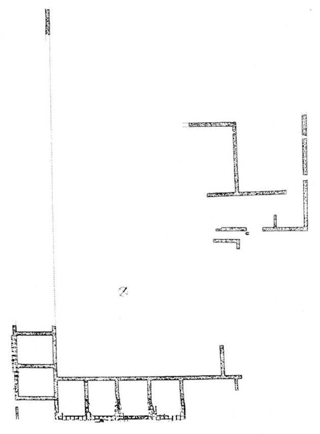 Pompei. Villa romana in località Cimitero. Rilievo planimetrico a quota del piano di copertura dopo i primi interventi di scavo.
Floor survey at the altitude of the roofing floor after the first excavations.
See Varone, A., 1987. Comune di Pompei. Via Nolana, area a nord del Cimitero, in Rivista di Studi Pompeiani I, 1987, p. 160, fig. 21.