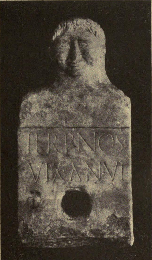 Pompeii Fondo Azzolini. Tomb 1. Herm of Terpnos.
Columella, Single burial. Burial of a slave.
In the tomb the herm was elevated from the middle of a low rectangular masonry enclosure, width 0.56m. by 0.87m.
Inscribed
TERPNOS
VIX AN VI
Terpnos
vix(it) an(nis) VI
See Notizie degli Scavi di Antichità, 1916, p. 299, fig. 14, p. 303, t1.