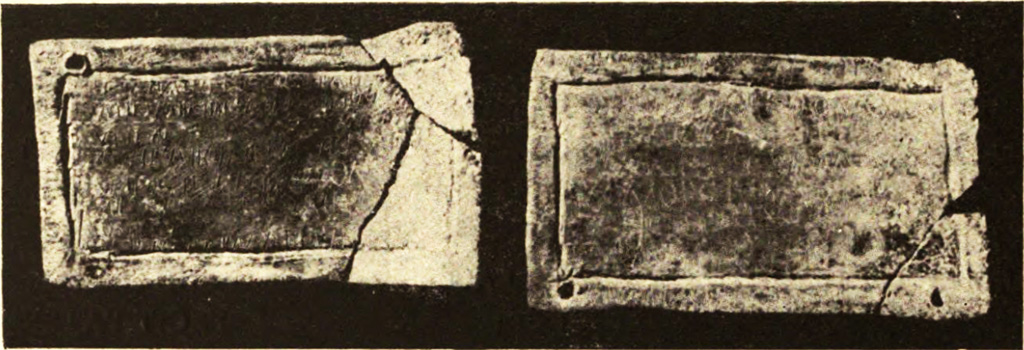 Pompeii Fondo Azzolini. Tomb 10.
Two lead curse tablets, width 0.08m by 0.05m were found near to the ground, in front of the uninscribed columella of the Tomb.
See Notizie degli Scavi di Antichità, 1916, p. 304, fig. 15.
See Cooley, A. and M.G.L., 2004. Pompeii: A Sourcebook. London: Routledge. (p. 138).