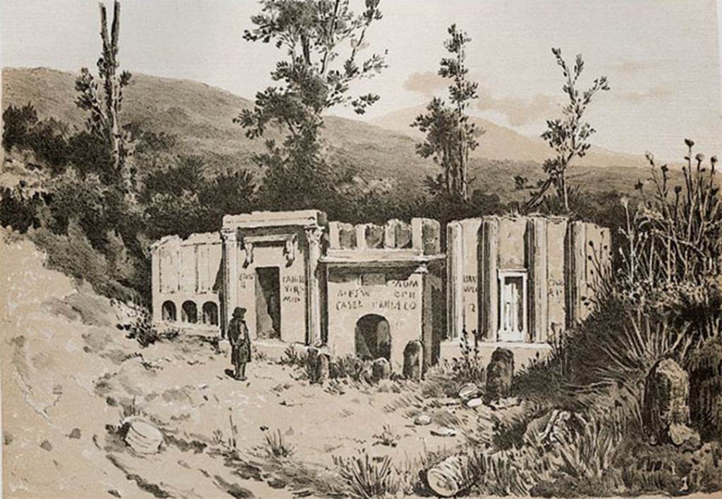 Pompeii FP3 left, FP4, FP5 and FP6. Late 19th century painting. See Niccolini F, 1896. Le case ed i monumenti di Pompei: Volume Quarto. Napoli. (Nuovo Scavi, Tav.1).
