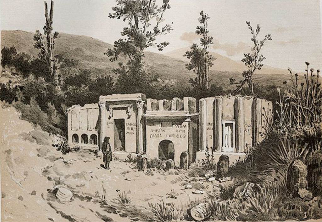 Pompeii FP3 left, FP4, FP5 and FP6. Late 19th century painting showing inscriptions. See Niccolini F, 1896. Le case ed i monumenti di Pompei: Volume Quarto. Napoli. (Nuovo Scavi, Tav.1).