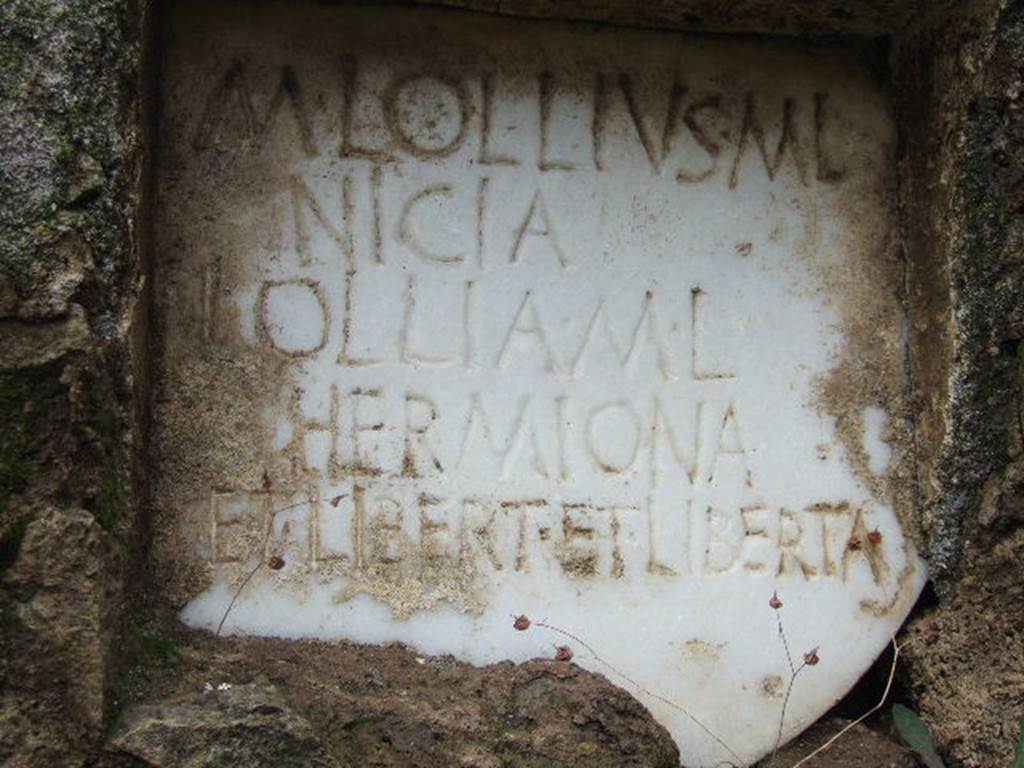 FPNI Pompeii. December 2005. Plaque in centre of south side with inscription.
According to D’Ambrosio and De Caro, this read
M LOLLIVS M L
NICIA
LOLLIA M L
HERMIONA
ET LIBERT ET LIBERTA.
They expand this to
M(arcus) Lollius M(arci) l(ibertus)
Nicia
Lollia M(arci) l(iberta)
Hermiona
et libert(i) et Liberta(e).
See D’Ambrosio A. and De Caro S., 1988. Römische Gräberstraßen. München: C.H.Beck. p. 214.