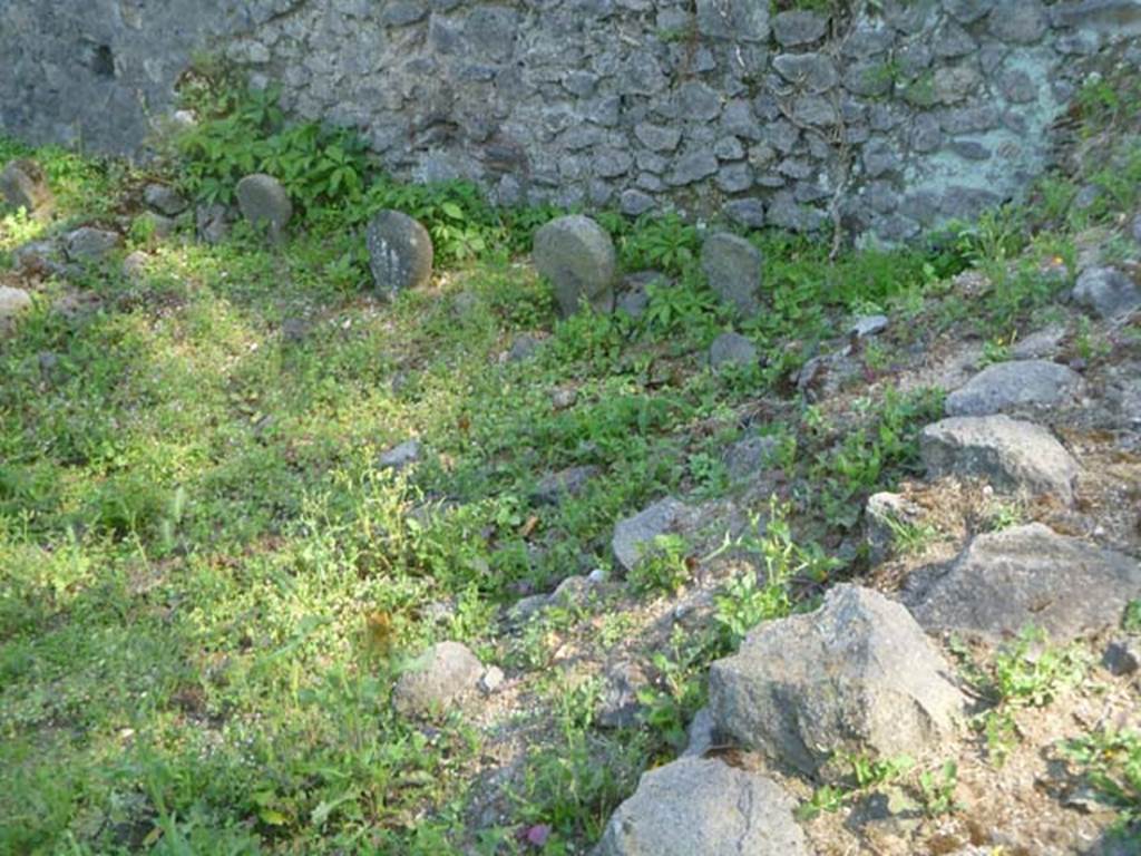 FPSE Pompeii. May 2011. West wall of tomb area. Photo courtesy of Michael Binns.
There were three columellae against this wall.
From north to south these were:
The two northern columellae were male, each with tablet with a hole for libation.
The southern columella was of white marble with the inscription
VALENTINVS
V A V
According to D’Ambrosio and De Caro, this expands to
Valentinus
V(ixit) a(nnis) V
An irregular shaped piece of lava seems to have acted as a cover for the bones.
See D’Ambrosio A. and De Caro S., 1988. Römische Gräberstraßen. München: C.H.Beck. p. 222.