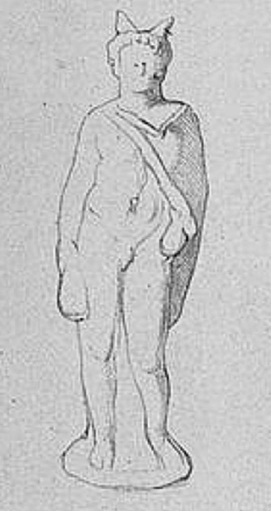 HGE08 Pompeii. Drawing of terracotta statue of Mercury found on 29th December 1837 on the floor of the grave chamber. Now in Naples Archaeological Museum. Inventory number 20636. See Kockel V., 1983. Die Grabbauten vor dem Herkulaner Tor in Pompeji. Mainz: von Zabern. (p. 152-3, Taf. 54c). See Von Rohden, H., 1880. Die Terracotten von Pompeji. Stuttgart: Spemann. (plate 39,4).