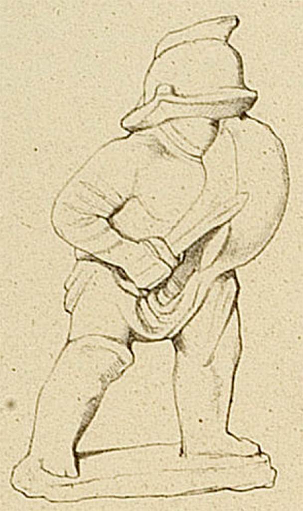 HGE08 Pompeii. Drawing of terracotta statue of a gladiator found on 29th December 1837 on the floor of the grave chamber.
Now in Naples Archaeological Museum. Inventory number 20259.
See Kockel V., 1983. Die Grabbauten vor dem Herkulaner Tor in Pompeji. Mainz: von Zabern. (p. 152-3, Taf. 54f).
See Von Rohden, H., 1880. Die Terracotten von Pompeji. Stuttgart: Spemann. (plate XLI,1).
