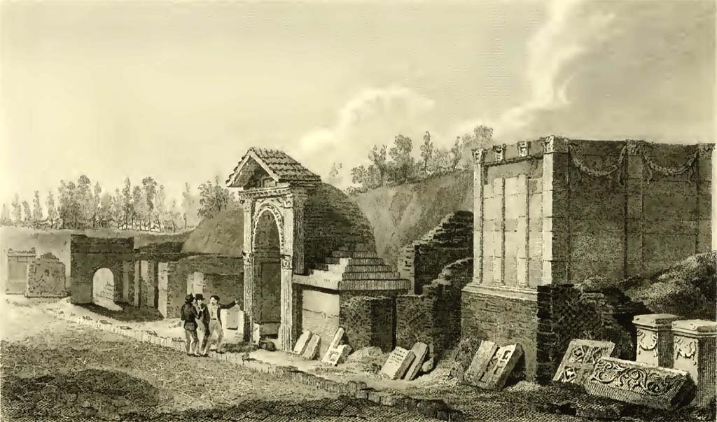 HGE08 Pompeii. 1824 drawing of tomb HGE05, HGE06, HGE07, HGE08 and HGE09.
See Gell, W, and Gandy J. P., 1819. Pompeiana. London: Rodwell and Martin. (pl. 12).
