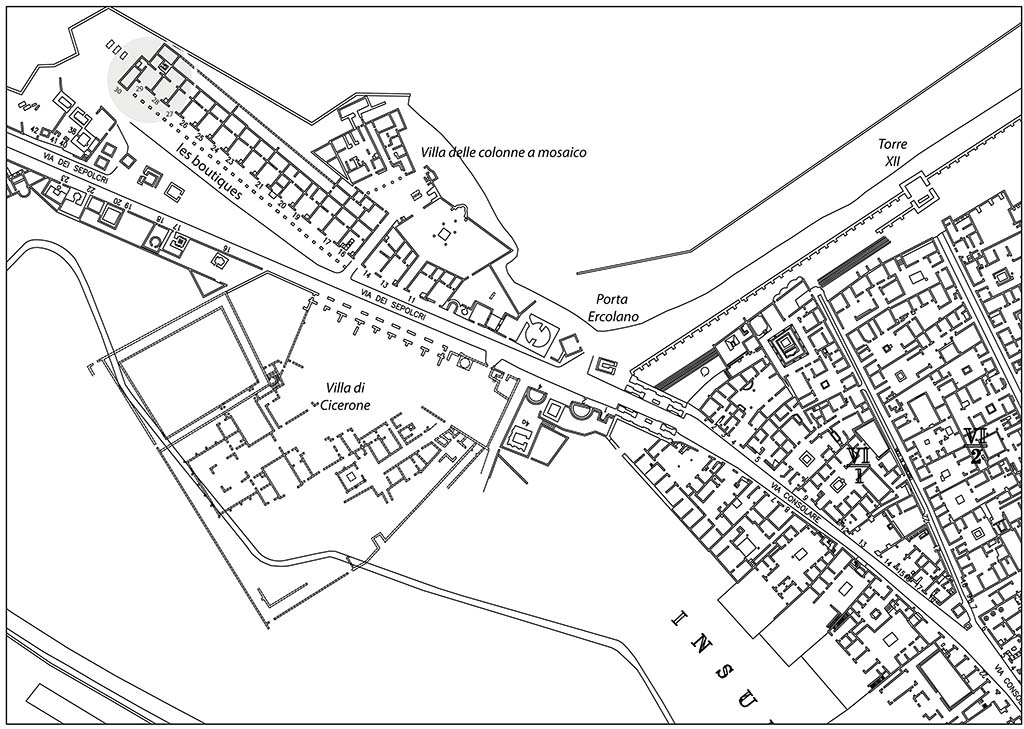 Fig. 1 - Plan des boutiques situées le long de la via dei sepolcri.
D’après Van der Poel 1983.