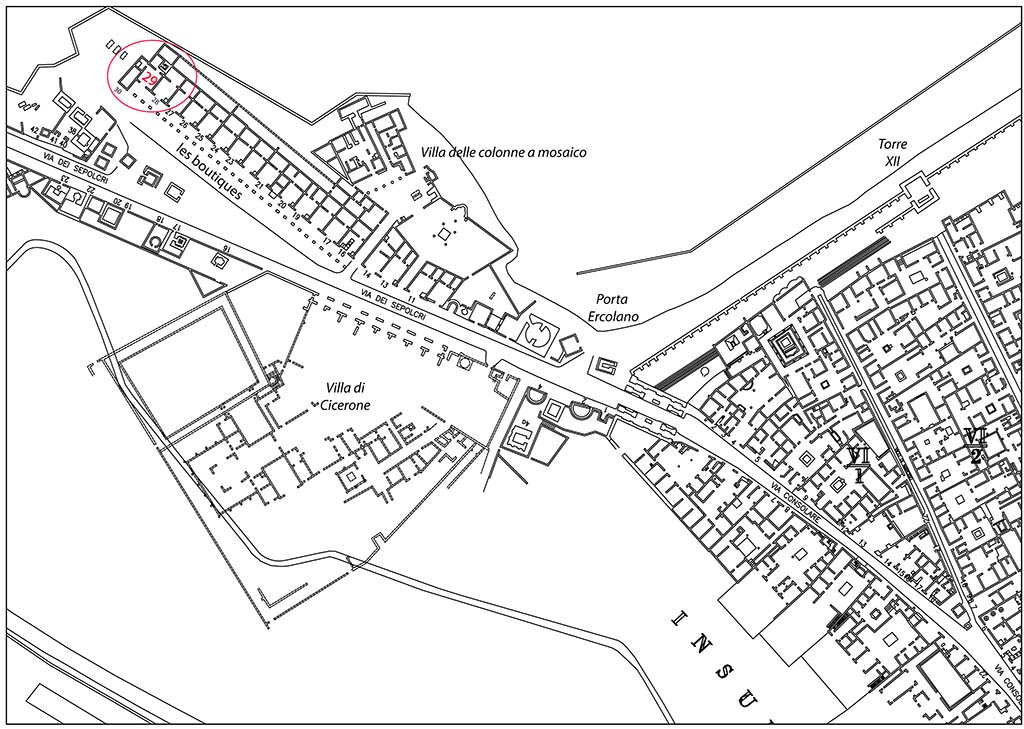 Fig. 1 - HGE29 Pompéi. Plan des boutiques situées le long de la via dei Sepolcri.
D’après A. Van der Poel, Corpus Topographicum Pompeianum: The Rica maps of Pompeii, 1983.