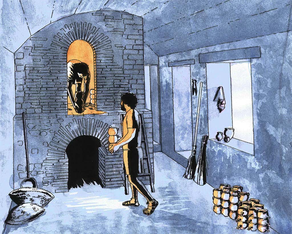 Rendition of how the oven in the pottery workshop was loaded, watercolour © Guilhem Chapelin.
See Tracing Back the Potters of Pompeii, 11.18.2019, by Laetitia Cavassa. https://news.cnrs.fr/articles/tracing-back-the-potters-of-pompeii
