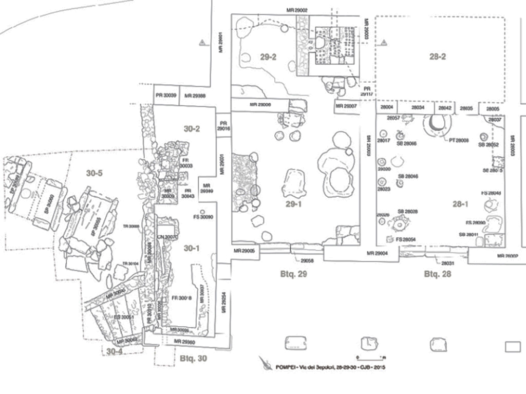 Plan of the potter's workshop (shops N28-N30) and burials (1:50th). G. Chapelin, B. Lemaire – CJB/EFR/CNRS - CC BY-NC-ND 4.0
Plan de l’atelier de potier (boutiques N28-N30) et des sépultures (1 : 50e). G. Chapelin, B. Lemaire – CJB/EFR/CNRS - CC BY-NC-ND 4.0
See Pompéi, Porta Ercolano : organisation, gestion et transformations d’une zone suburbaine : Campagne 2015, fig. 15. CEFR 1581