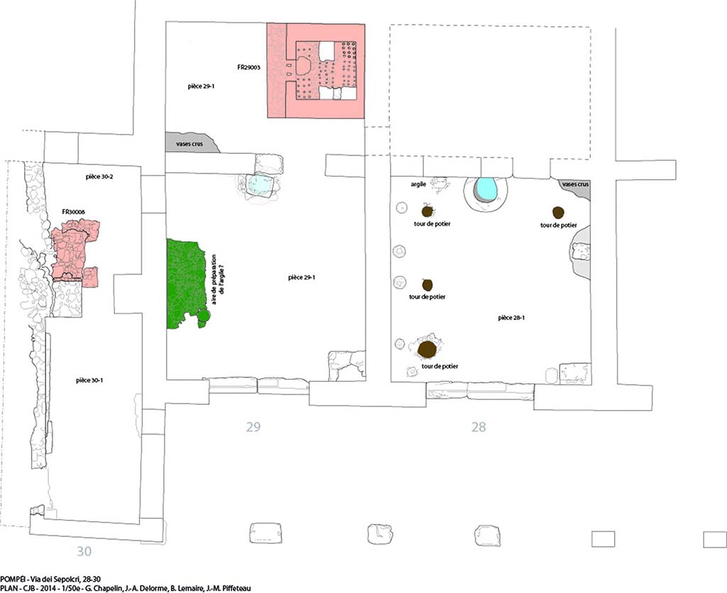 Fig. 11 - Plan de l’atelier de potier en 79 de notre ère.
G. Chapelin, J.-A. Delorme, B. Lemaire et J.-M. Piffeteau.
Original (jpeg, 711k)