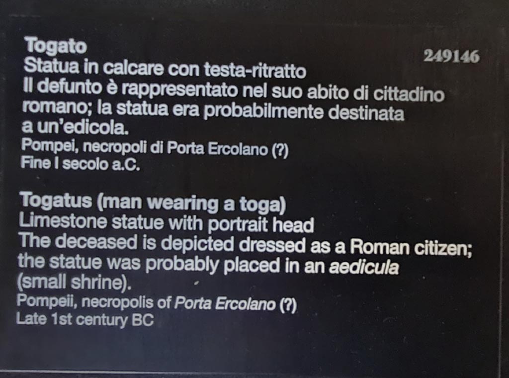 HGE39 Pompeii. April 2023.
Descriptive card for inv. 249146 from “Campania Romana” gallery in Naples Archaeological Museum. Photo courtesy of Giuseppe Ciaramella.