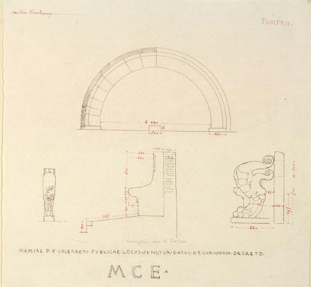 HGW04 Pompeii. Drawing by Chenavard of the schola seat of Mamia.
See Chenavard, Antoine-Marie (1787-1883) et al. Voyage d'Italie, croquis Tome 3, pl. 74.
INHA Identifiant numérique : NUM MS 703 (3). See Book on INHA
Document placé sous « Licence Ouverte / Open Licence » Etalab