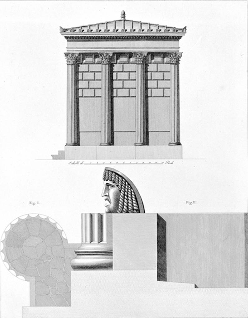 HGW04 Pompeii. 1809-11. Schola Tomb of Mamia. Reconstruction by Mazois. According to Mazois there were several terracotta masks, similar to the one drawn, “but all have been broken by the curious ones”. See Mazois, F., 1812. Les Ruines de Pompei: Premiere Partie. Paris: Didot Freres. (p.28, Pl. IX).