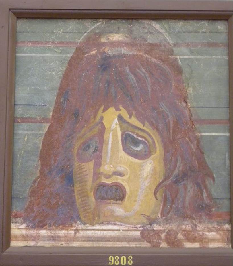 HGW04a Pompeii. Found 2nd July 1763 on the north wall of the enclosure separating HGW04a from HGW04. Wall painting of mask. Now in Naples Archaeological Museum. Inventory number 9808. See Pagano, M. and Prisciandaro, R., 2006. Studio sulle provenienze degli oggetti rinvenuti negli scavi borbonici del regno di Napoli. Naples : Nicola Longobardi. (p. 44). See PAH 1 2 Addenda, p. 113, no. 9.