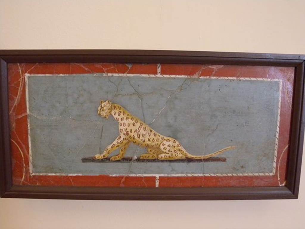 HGW04a Pompeii. Found 2nd July 1763 on the north wall of the enclosure separating HGW04a from HGW04. Wall painting of tiger or panther on blue background. Now in Naples Archaeological Museum. Inventory number 8649. See Pagano, M. and Prisciandaro, R., 2006. Studio sulle provenienze degli oggetti rinvenuti negli scavi borbonici del regno di Napoli. Naples : Nicola Longobardi. (p. 44).