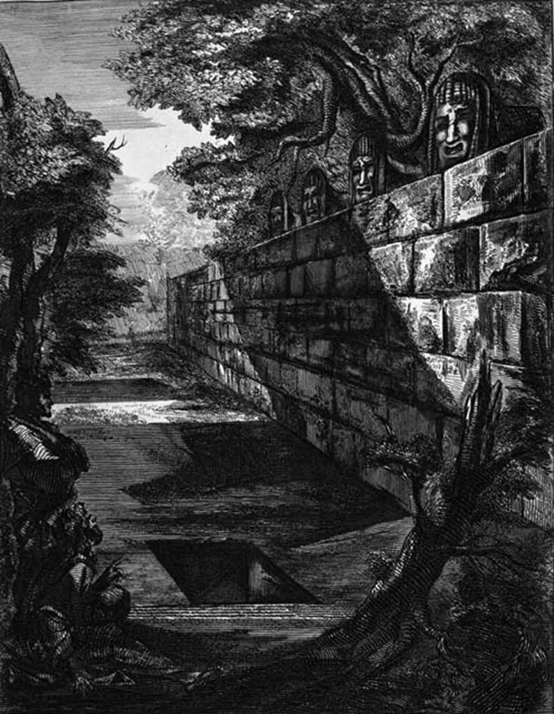 HGW04c Pompeii. 1804 drawing of the ustrinum of the tomb of Mamia. The four masks can be seen on the wall to the right See Piranesi, F, 1804. Antiquites de la Grande Grece: Tome 2. Paris: Piranesi and Le Blanc. (pl. 43).