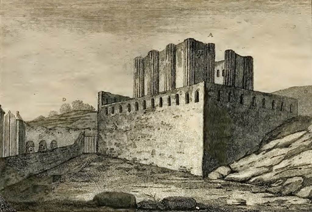 HGW04c Pompeii. 1777 drawing of tomb and masks by Sir William Hamilton. Hamilton gives the following descriptions:
A. View of a great sepulchre, or columbarium, out of the gates of the city:
several marble statues, not very well executed, were found therein, which are now in the Museum at Portici.
B. Colossal masks of terra cotta, in the situation in which they were found.
C. C. Under them in vaults were found some sepulchral urns with ashes therein.
One of the urns was of glass, with a cover of the same material;
This urn was deposited in an earthen one, and that again covered with lead, which is now preserved in the Museum at Portici.
D. Uncleared parts of the city.
See Hamilton, W., 1777. Account of the Discoveries at Pompeii. London: Bowyer and Nichols. (p. 14, pl. IX).
