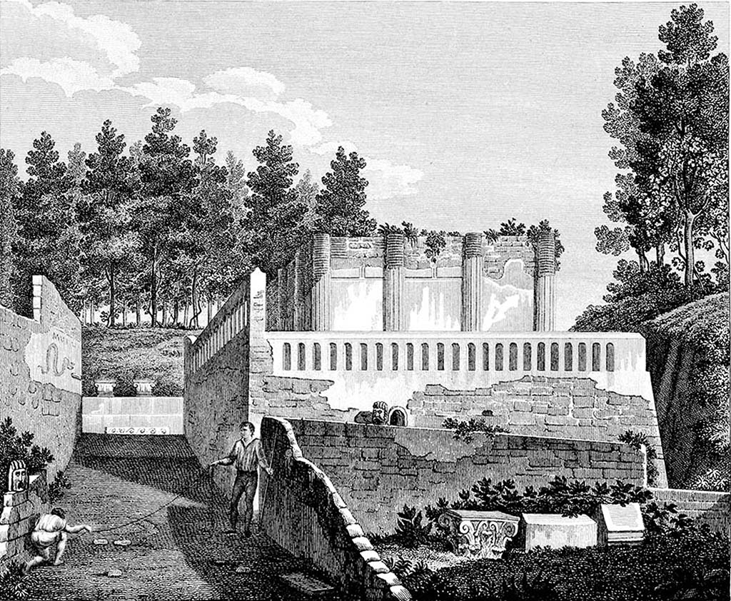 HGW04d Pompeii. 1809-11. Drawing by Mazois.
According to Mazois “The drawing offers the sight of the tomb of Mamia on the side of the sepulcretum;
one can notice on the right, in the wall which separates this place from the street, several heads of animals encrusted,
and which seem intentionally put to form a manner of decoration rather suitable at a place devoted to the burials.
In the surroundings were several vault openings. It was impossible for me to find them”
See Mazois, F., 1812. Les Ruines de Pompei: Premiere Partie. Paris: Didot Frères. (p. 28, Pl. X).